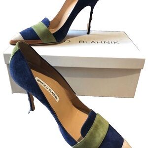 Manolo Blahnik Navy and Olive Heels